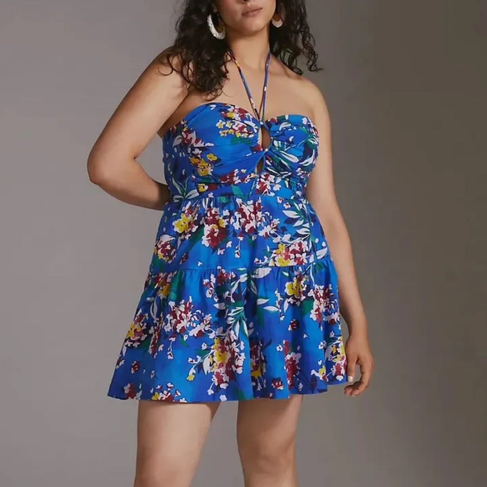OPEN TO OFFERS Anthropologie Blue Floral Halter Mini Dress Size Small